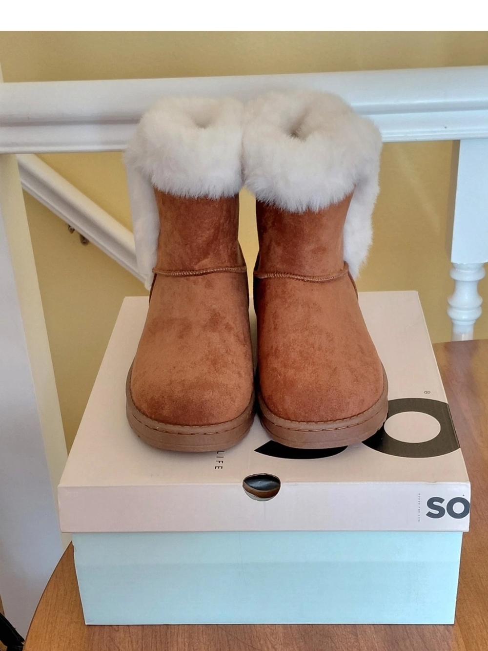SO Paulina Women's Chestnut Brown Faux-Fur Winter Boots Size 8